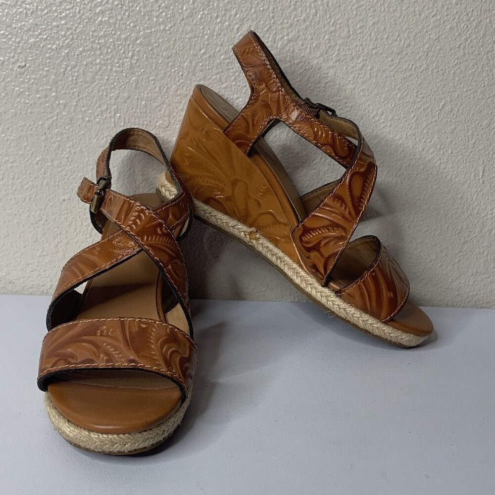 Patricia Nash Rafa Tooled Brown Leather Wedge Sandals Espadrilles Women’s Sz 5
